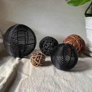 Vintage Decorative Ball Set Wire, Wicker & Carved Orbs Bowl Filler Rustic Home